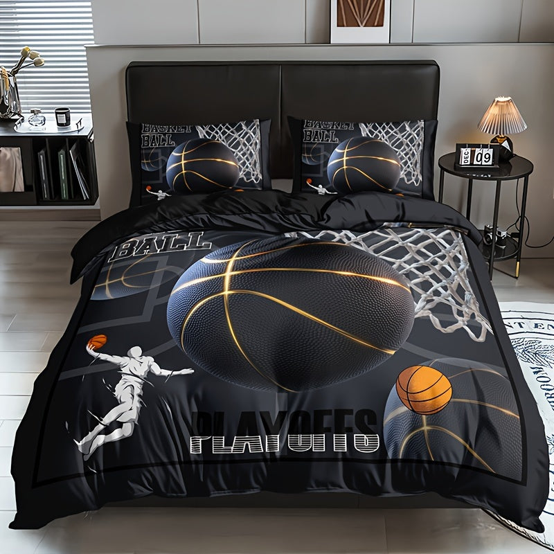 3pcs -Themed Bedding Set - 1 Duvet Cover + 2 Pillowcases, Black with & Print, Breathable Polyester, All-Season Comfort for Home & Dorm Decor
