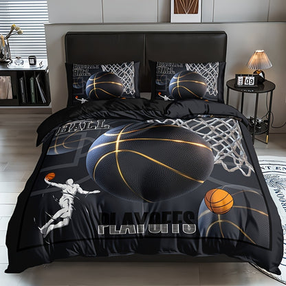 3pcs -Themed Bedding Set - 1 Duvet Cover + 2 Pillowcases, Black with & Print, Breathable Polyester, All-Season Comfort for Home & Dorm Decor