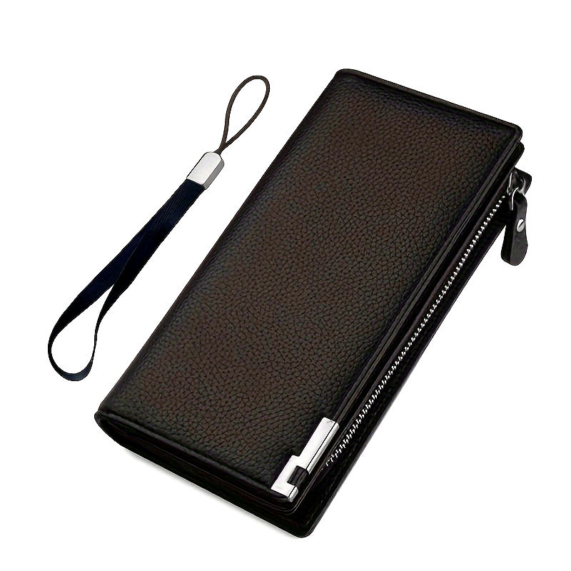 Elegante cartera para hombre de piel sintética negra: bolso de mano de gran capacidad con cierre de cremallera, diseño de bloques de color, múltiples ranuras para tarjetas y forro de poliéster