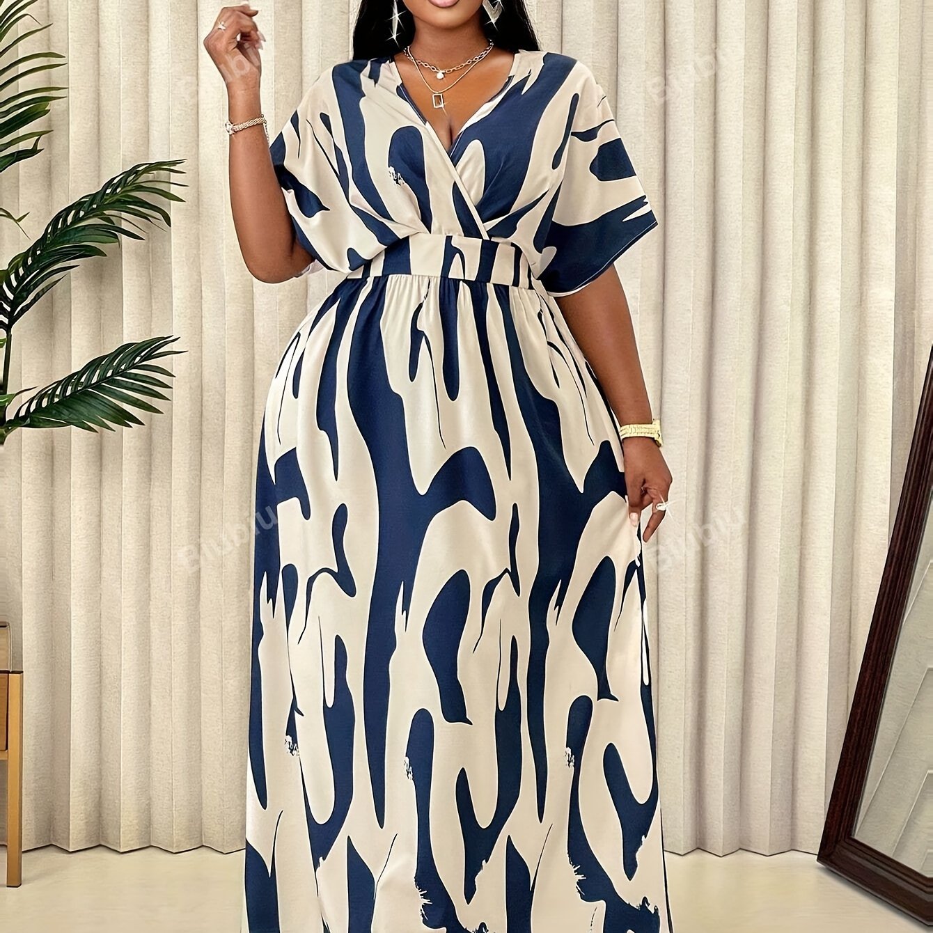 Plus Size Allover Print Surplice Neck A-line Dress, Elegant Short Sleeve Ankle Length Dress For Spring & Summer, Women's Plus Size Clothing