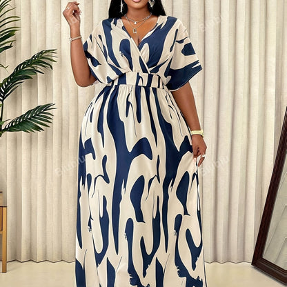 Plus Size Allover Print Surplice Neck A-line Dress, Elegant Short Sleeve Ankle Length Dress For Spring & Summer, Women's Plus Size Clothing