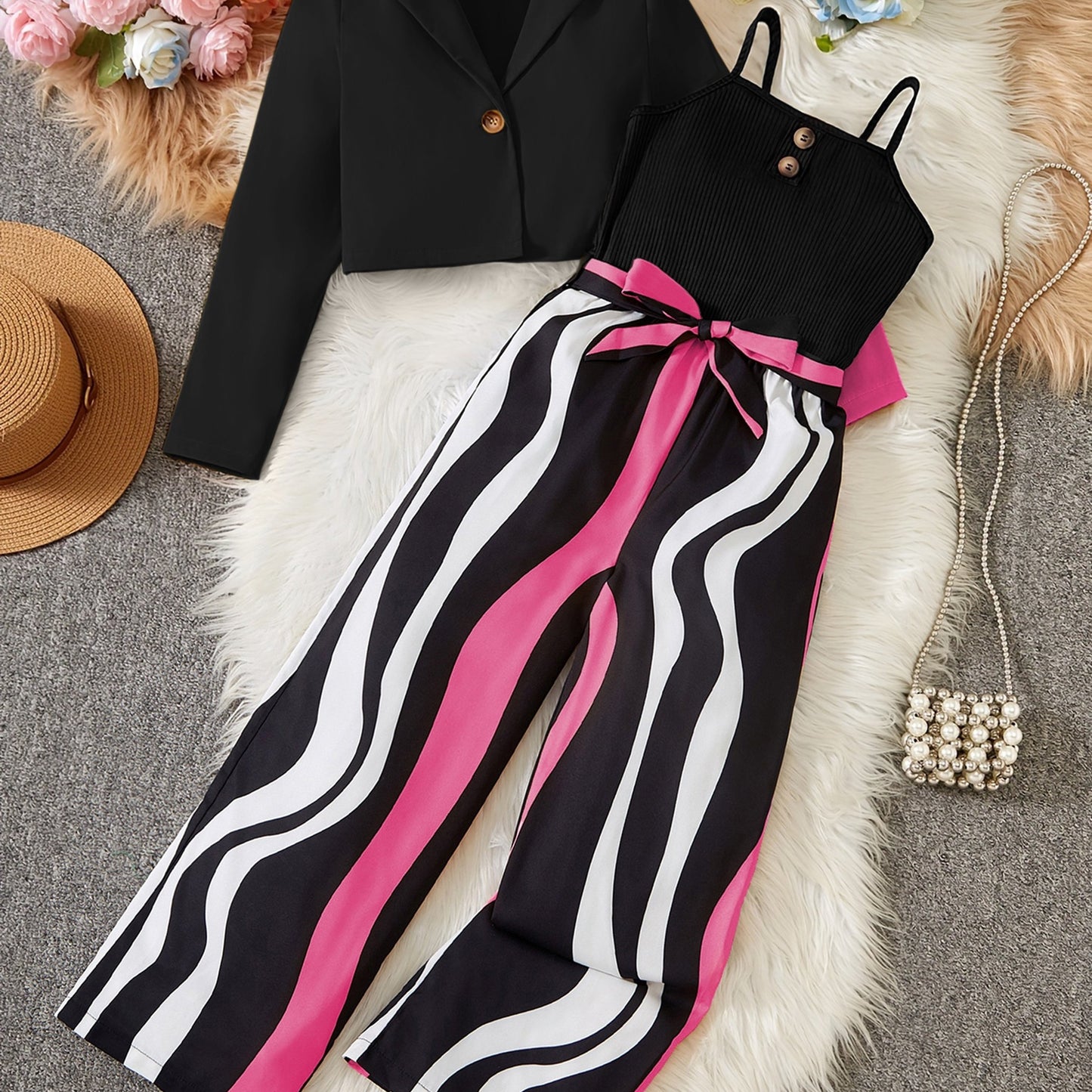 Conjunto de niña: Blazer corto de manga larga + camisola + mono de rayas. Incluye cinturón [patrón de rayas aleatorio] y ropa de exterior.