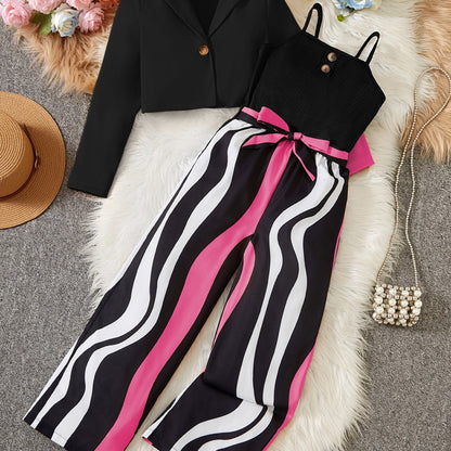 Conjunto de niña: Blazer corto de manga larga + camisola + mono de rayas. Incluye cinturón [patrón de rayas aleatorio] y ropa de exterior.