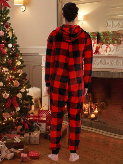 Cozy Men's Plaid Fleece-Lined Hooded Onesie Pajamas - Perfect for Fall/Winter, Machine Washable, Ideal for Halloween & Christmas