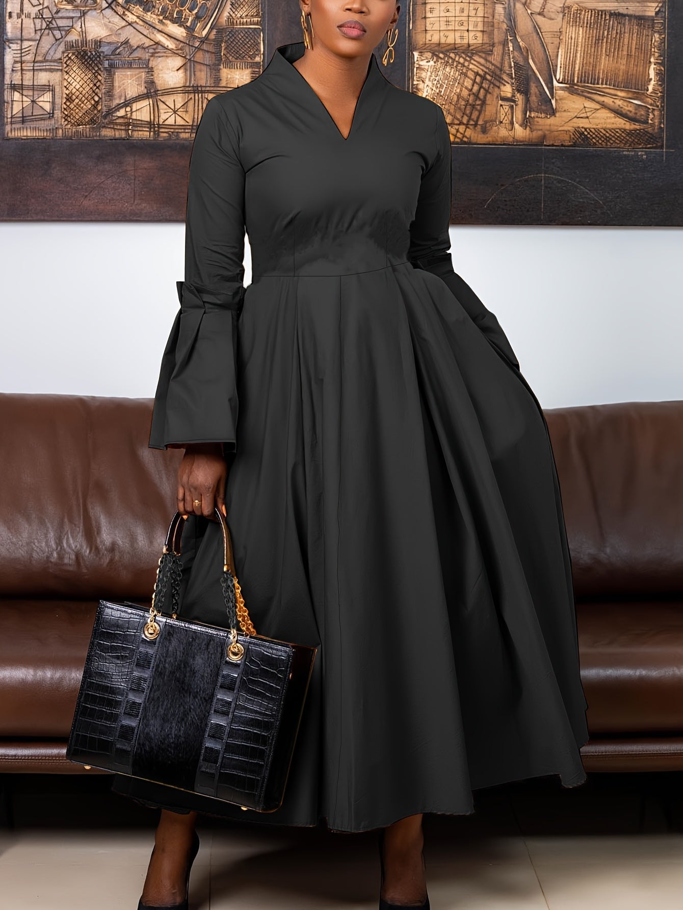 Plus Size Solid Color Dress, Elegant Flare Sleeve V Neck Dress For Spring & Fall, Women's Plus Size Clothing