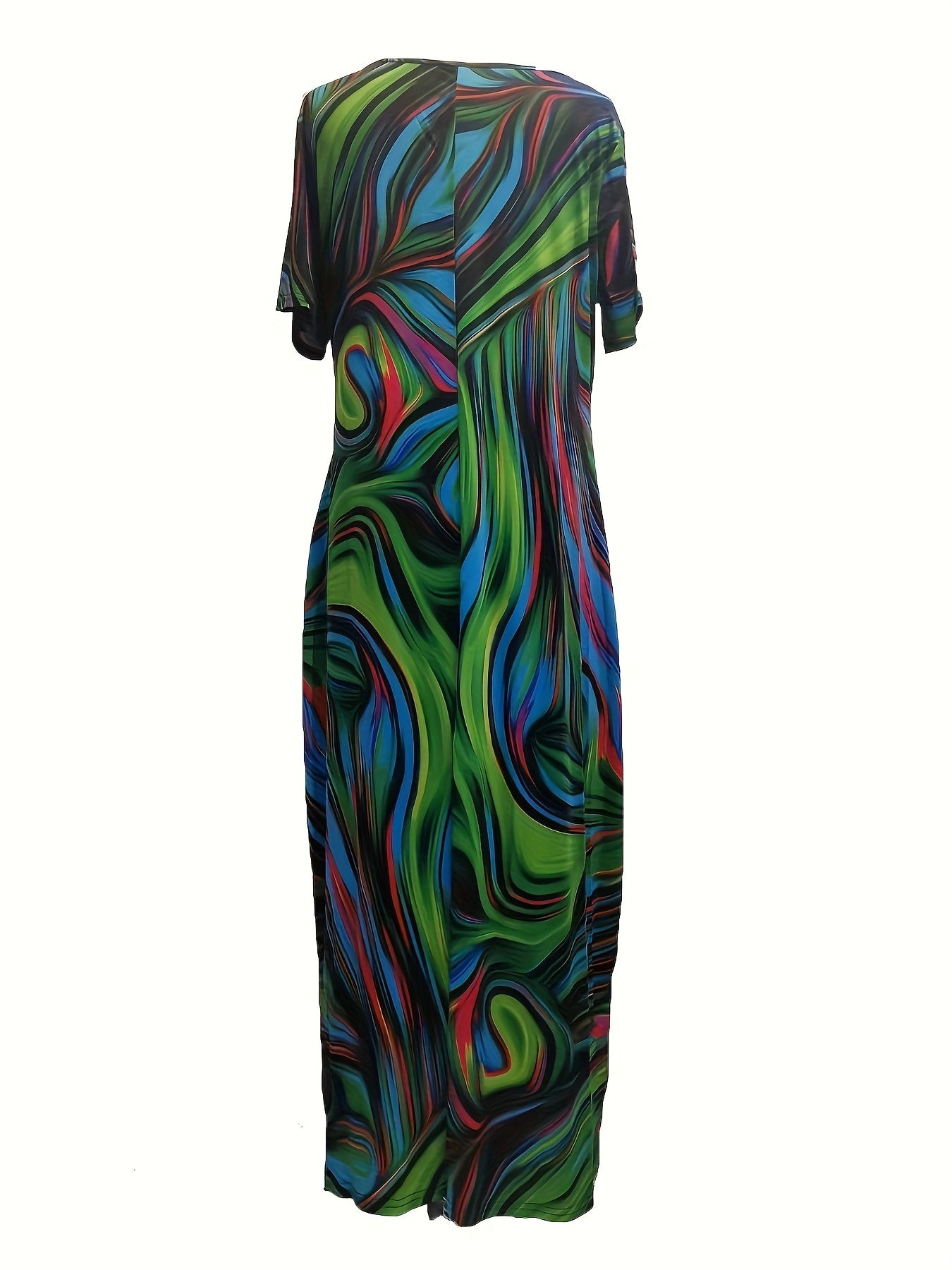 [1pc Plus Size Geometric Print Maxi Dress] 1pc Plus Size Geometric Print Maxi Dress, Stretchy Polyester Knit, Round Neck, Short Sleeve, Casual Loose Fit with Pockets, All-Season Versatile Style