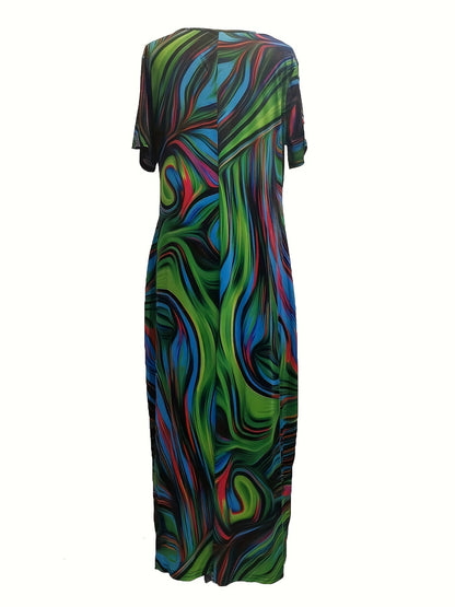 [1pc Plus Size Geometric Print Maxi Dress] 1pc Plus Size Geometric Print Maxi Dress, Stretchy Polyester Knit, Round Neck, Short Sleeve, Casual Loose Fit with Pockets, All-Season Versatile Style