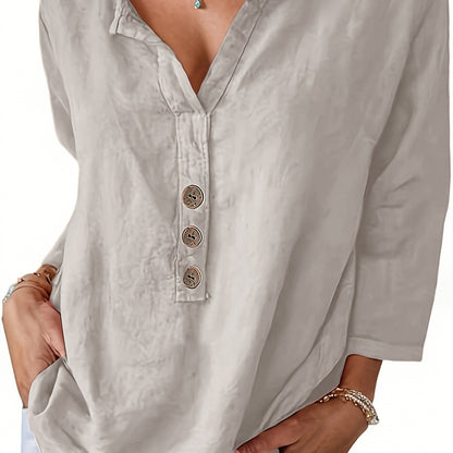 V-Neck Button-Up Top - Loose Fit Solid Color Pullover, Fashionable Casual V-Neck Shirt for Women, Relaxed Fit, Non-Stretch Cotton Linen Blouse