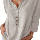 V-Neck Button-Up Top - Loose Fit Solid Color Pullover, Fashionable Casual V-Neck Shirt for Women, Relaxed Fit, Non-Stretch Cotton Linen Blouse