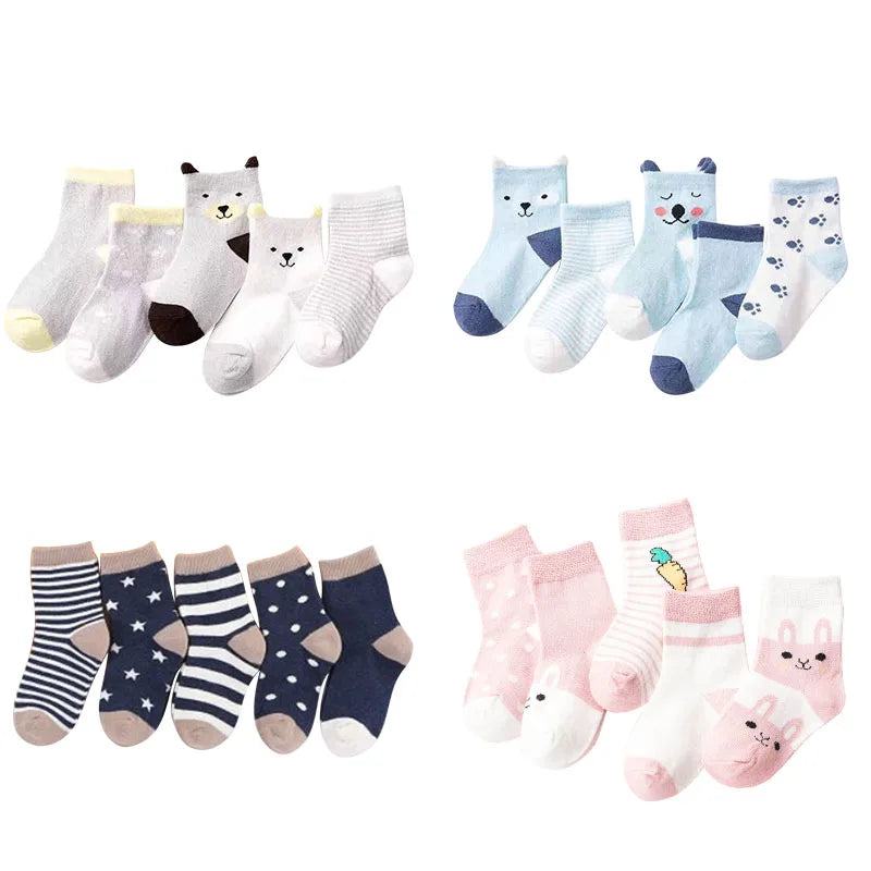 5 pares de calcetines de bebé con dibujos animados, primavera otoño, rayas, lunares, niñas y niños, calcetines tobilleros suaves, calcetines cortos para niños pequeños 