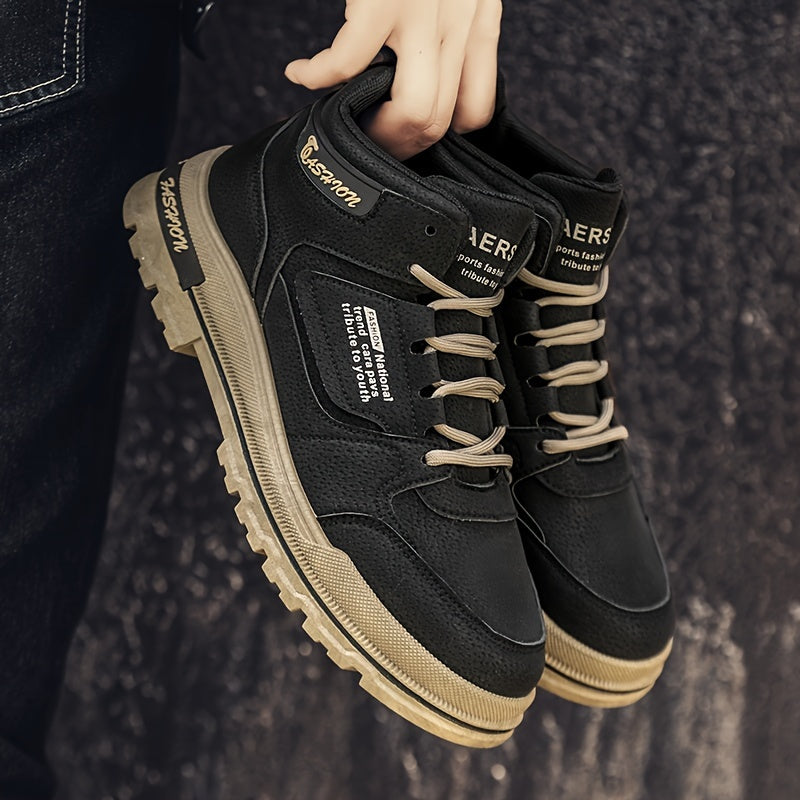 Zapatillas de skate de caña alta para hombre, antideslizantes y duraderas, ideales para caminar por la calle, viajar y actividades informales | Zapatillas retro de piel sintética a la moda para hombre