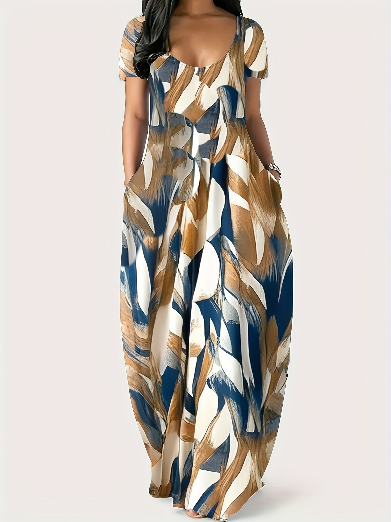 [1pc Plus Size Geometric Print Maxi Dress] 1pc Plus Size Geometric Print Maxi Dress, Stretchy Polyester Knit, Round Neck, Short Sleeve, Casual Loose Fit with Pockets, All-Season Versatile Style
