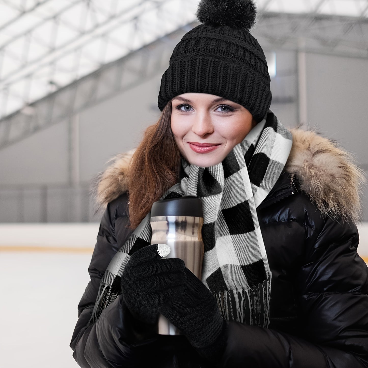 4pcs Winter Warm Accessory Set - Knitted Hat, Touch Screen-Compatible Mittens, Scarf, Ear Warmer - Polyester, Hand Washable, Simple Style - Ideal Gift for Adults, No Feather