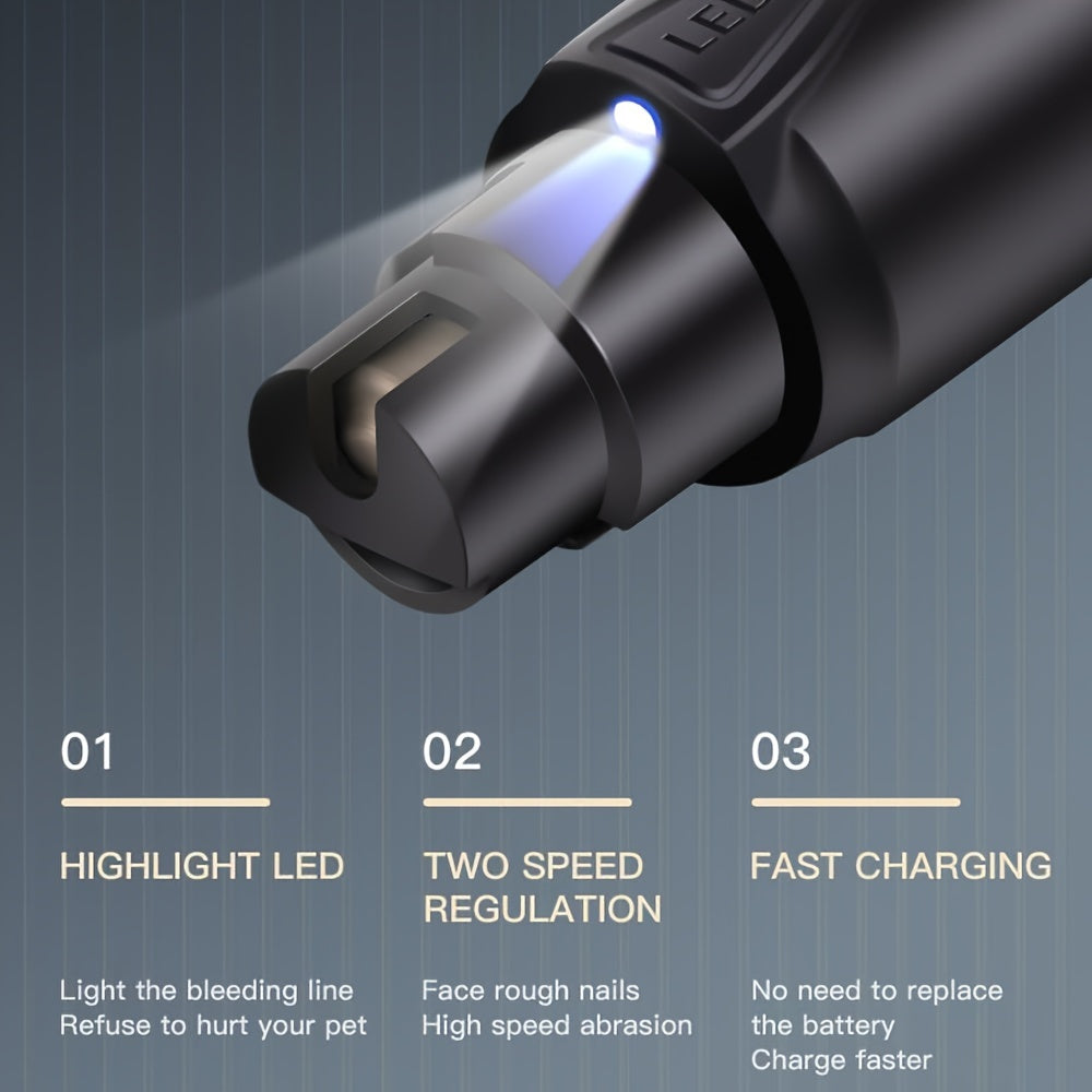 Amoladora de uñas LED silenciosa para perros: recargable, indolora, con 2 velocidades y ruedas para razas grandes.