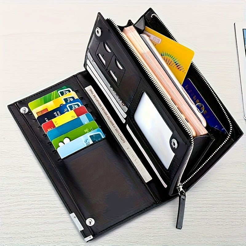 Elegant Black PU Leather Men's Wallet - Large Capacity Clutch with Zipper Closure, Color Block Design, Multiple Card Slots and Polyester Lining