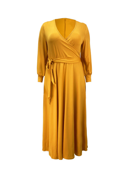 Plus Size Solid Color Tie Waist Dress, Elegant Long Sleeve Surplice Neck Maxi Dress For Spring & Fall, Women's Plus Size Clothing