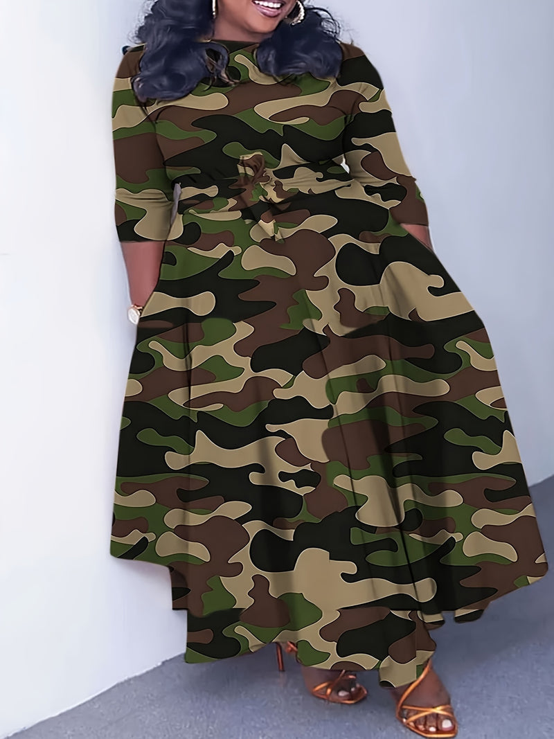Elegant Women's Plus-Size Dress with Tie Waist, Casual Fashionable Long Sleeve Camouflage Print Knit Fabric with Pocket, X-Shape Fit, Round Neck, Straight Hem, No Bra Pad - Spring/Summer/Autumn