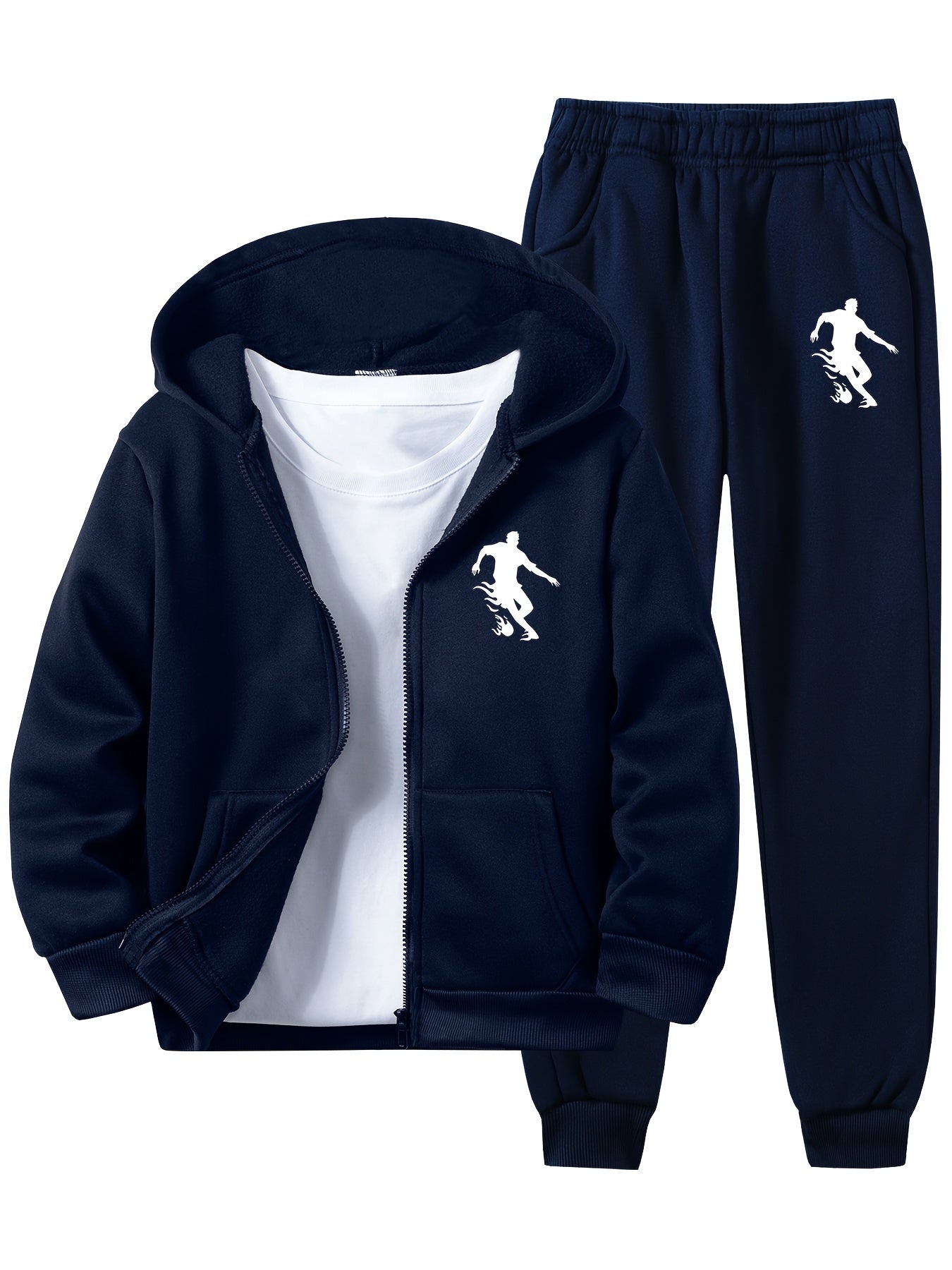 Kids' Soccer Player Print Hooded Tracksuit Set - Polyester Hoodie and Sweatpants with Zipper, Long Sleeve, Casual Geometric Pattern, Slight Stretch Fabric for Daily Wear and Jogging, Fall/Winter Collection for Boys and Girls,