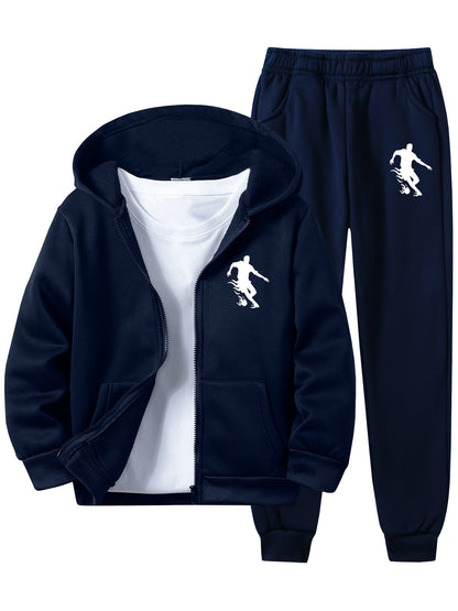 Kids' Soccer Player Print Hooded Tracksuit Set - Polyester Hoodie and Sweatpants with Zipper, Long Sleeve, Casual Geometric Pattern, Slight Stretch Fabric for Daily Wear and Jogging, Fall/Winter Collection for Boys and Girls,