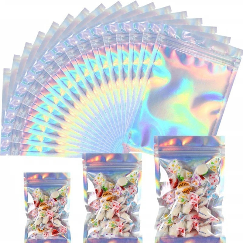 50pcsGross Mylar Bags Smell Proof Holographic Laser Color Plastic Packaging Pouch Jewelry Storage Retail Bag Gift Zip Lock Bag 