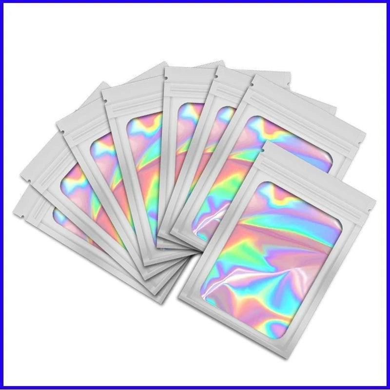 50pcsgros sacos mylar à prova de cheiro holográfico laser cor plástico embalagem bolsa jóias armazenamento varejo bolsa presente zip lock saco