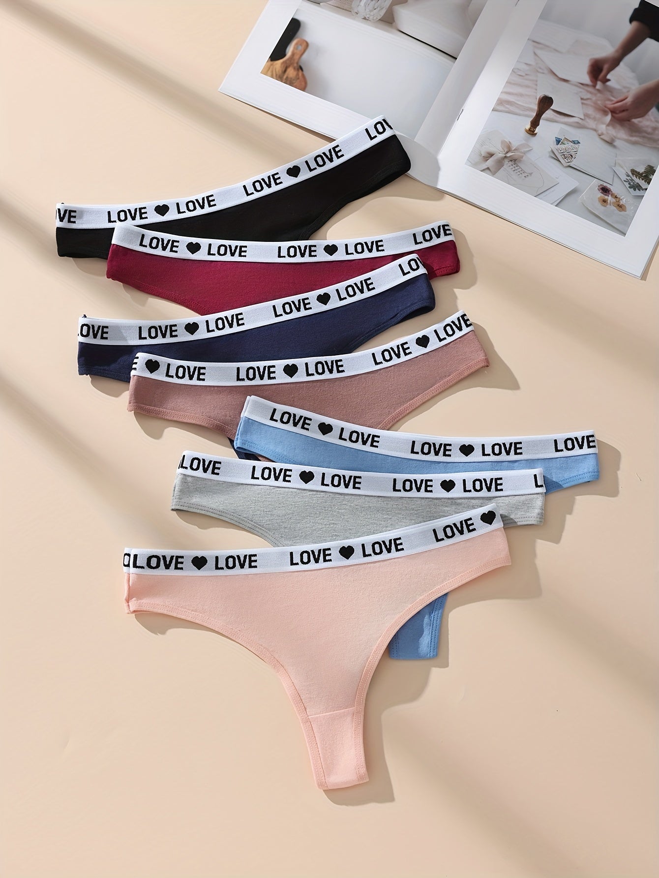 7pcs Letter Print Cotton Thongs, Sexy Comfy Breathable Stretchy Intimates Panties, Women's Lingerie &amp; Underwear