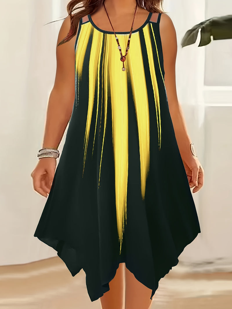 Plus Size Ombre Print Cami Dress, Vacation Style Asymmetrical Hem Sleeveless Crew Neck Dual Strap Dress For Spring & Summer, Women's Plus Size Clothing