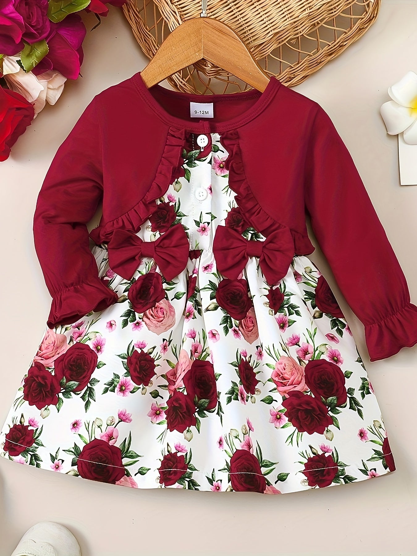 Cute Girls Ditsy Floral Long Sleeve Splicing Faux Two-piece Bow Dress