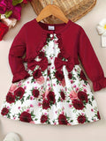 Vestido de dos piezas con estampado floral de ditsy y mangas largas para niñas