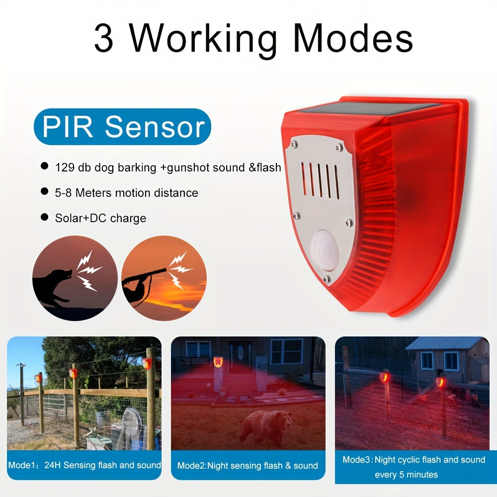 Alarma de seguridad solar para exteriores de 129 dB con sonido de perro ladrando y disparos, luz estroboscópica de advertencia para casa y jardín.