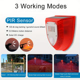 Alarma de seguridad solar para exteriores de 129 dB con sonido de perro ladrando y disparos, luz estroboscópica de advertencia para casa y jardín.
