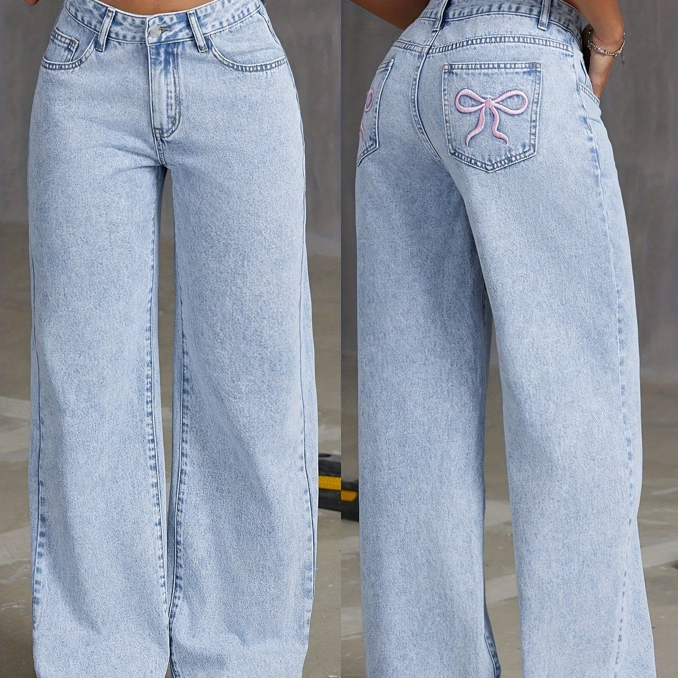Jeans de mezclilla de moda para niñas HEY+JEANS, corte holgado largo, cintura ajustable, pierna ancha, bordado de mariposa, sin elasticidad, de temporada, cierre de cremallera, pantalones casuales juveniles.