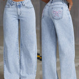 HEY+JEANS Girls' Fashion Denim Jeans, Long Loose Fit, Adjustable Waist, Wide Leg, Butterfly Embroidery, Non-Stretch, Seasonal, Zipper Closure, Youth Casual Pants