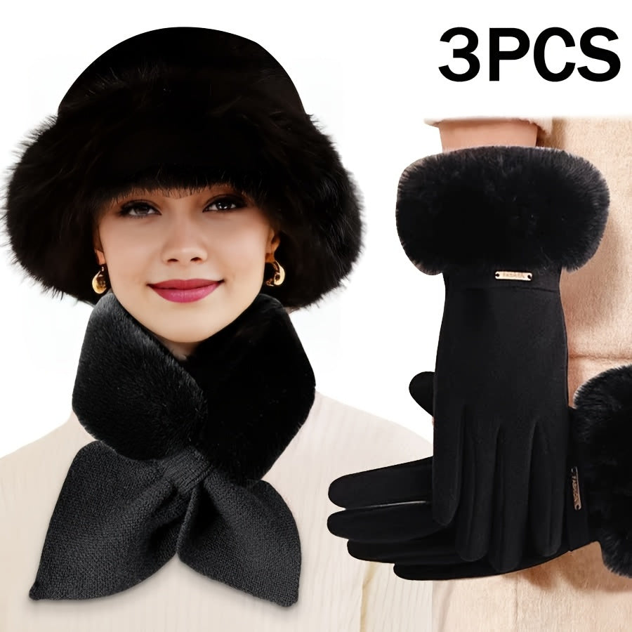Winter Warmth Set for Women - 3pcs Fashionable Gloves, Scarf, and Hat Combo, Thick Fleece Lining, Perfect for Cold Weather & Outdoor Activities, Ideal Christmas or Valentine's Gift