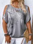 Women's Plus Size Print Off-Shoulder T-Shirt - Casual Short Sleeve Round Neck Top, Machine Washable Spring Summer Fashion Tee, Ladies T Shirts, Relaxed Fit Tee, Oneshoulder Style, Flowy Fabric