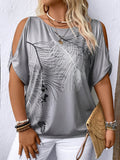 Women's Plus Size Print Off-Shoulder T-Shirt - Casual Short Sleeve Round Neck Top, Machine Washable Spring Summer Fashion Tee, Ladies T Shirts, Relaxed Fit Tee, Oneshoulder Style, Flowy Fabric