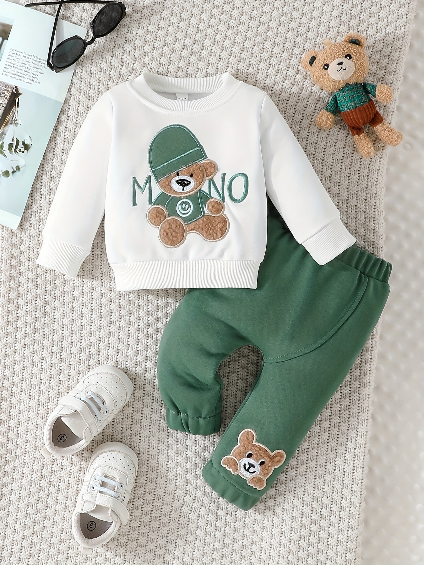 Conjunto de sudadera con estampado de osito para bebé, primavera y otoño, top de manga larga con cuello redondo y pantalón, ropa de exterior