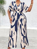 Plus Size, Women's Plus Size Batwing Sleeve Belted Print Jumpsuit
