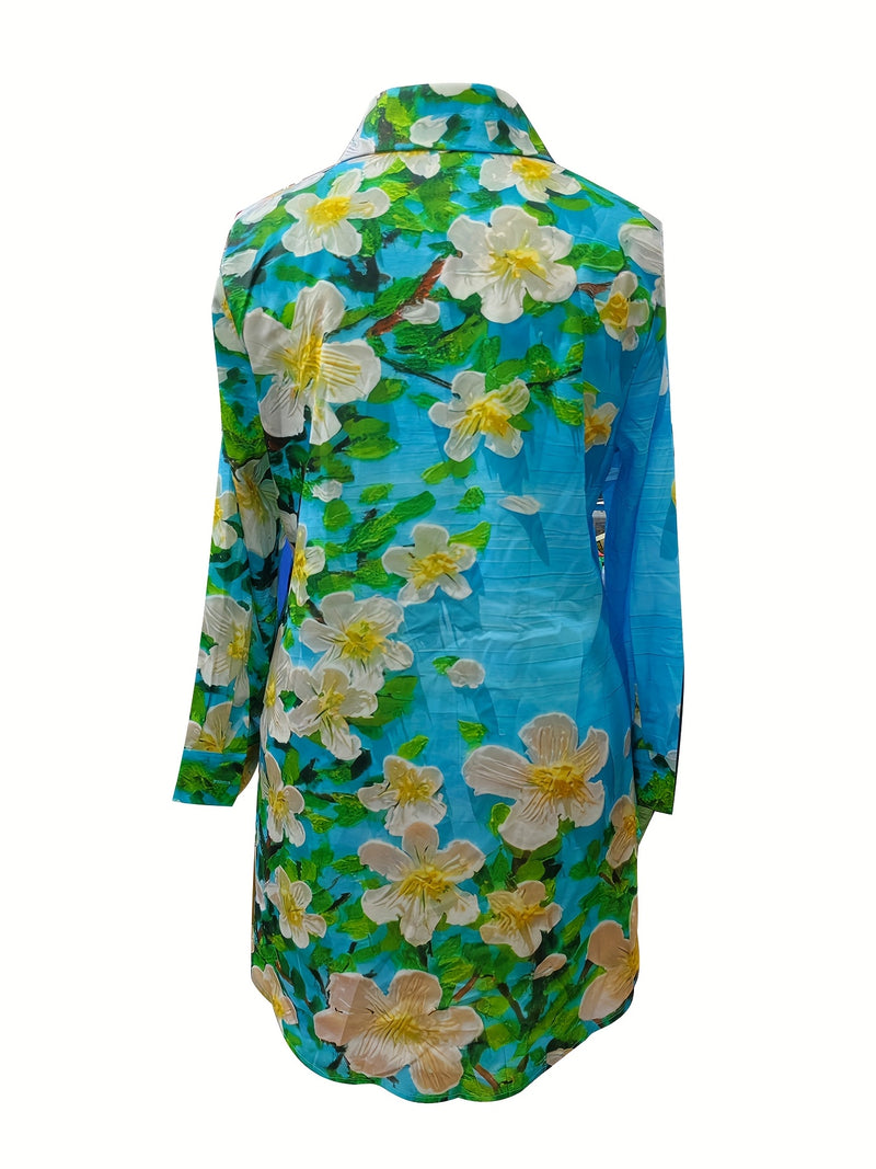 Plus Size - Elegant Floral Print Maxi Dress with Long Sleeves - Blue & White Floral Design, Button-Up Front, Casual Style for Women, All-Season Wear, Casual Summer Dress | Floral Print Dress | Nonstretch Fabric