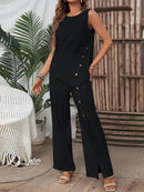 Women's Summer Irregular Hem Buttonless Sleeveless Shirt and Loose Straight Pants Set