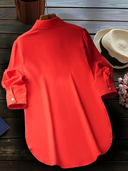 Blusa de talla grande con dobladillo curvo, informal, con cuello abotonado para primavera, ropa de talla grande para mujer.