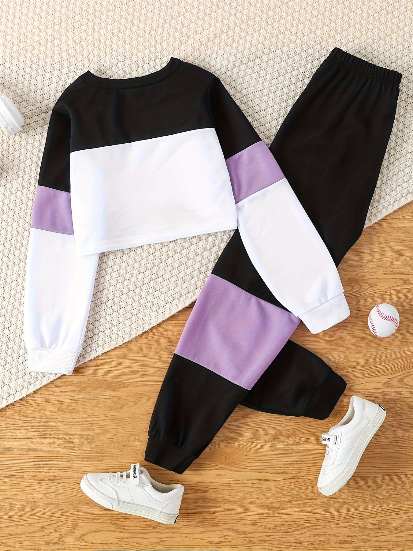 Youngsters's Spring and Autumn Style Letter Print Round Neck Short Long Sleeve Top and Color-Matching Spliced Long Pants Casual Two-Piece Set, Perfect for Outdoor