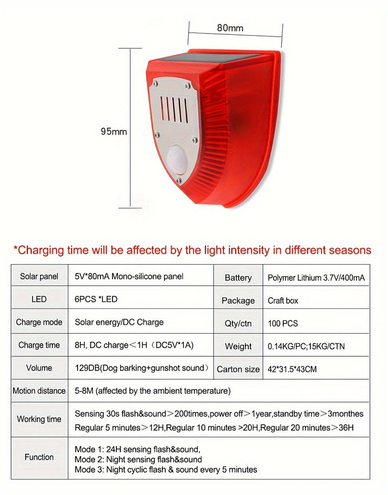 Alarma de seguridad solar para exteriores de 129 dB con sonido de perro ladrando y disparos, luz estroboscópica de advertencia para casa y jardín.
