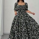 Women's Summer Square Neck Elastic Waist Floral Print Puff Sleeve A-Line Maxi Dress - Lightweight Breathable Machine Washable Plus Size Flowy Long Dress for Beach Vacation & Casual Outings, Beach Dresses