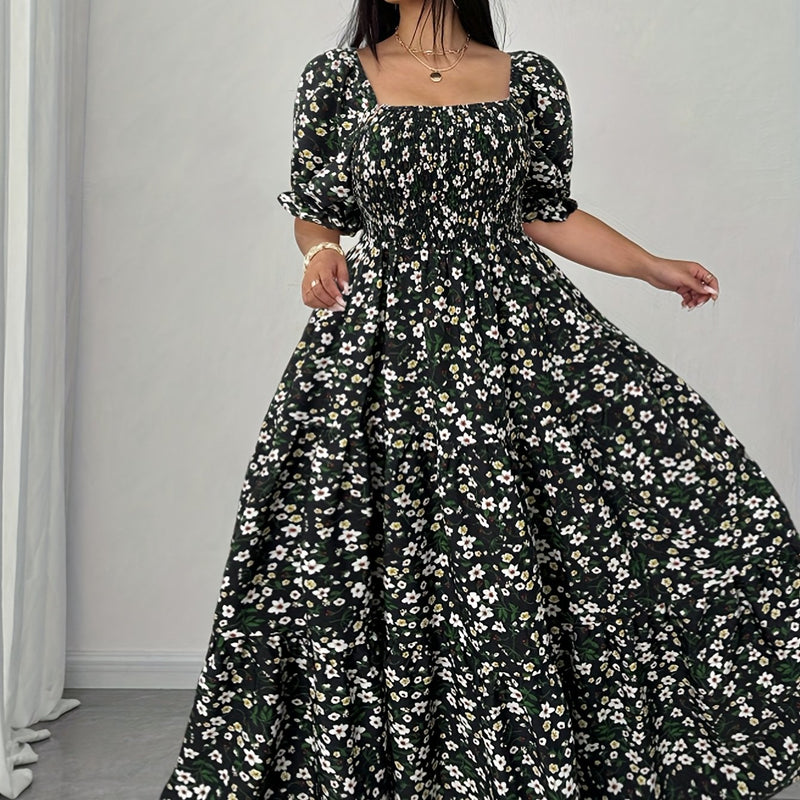 Women's Summer Square Neck Elastic Waist Floral Print Puff Sleeve A-Line Maxi Dress - Lightweight Breathable Machine Washable Plus Size Flowy Long Dress for Beach Vacation & Casual Outings, Beach Dresses
