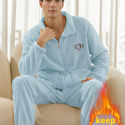 Conjunto de pijama de hombre con camiseta y pantalón de franela con bordado de letras, cuello alto, cremallera y manga larga para otoño e invierno.