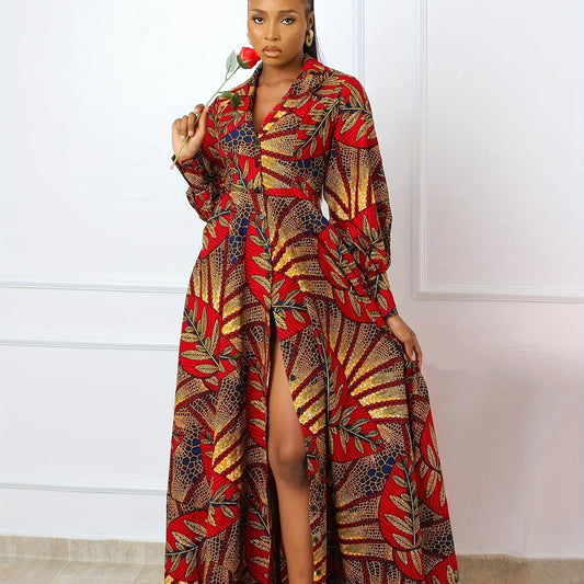 Vestido elegante de talla grande con estampado floral, abertura frontal y detalle de cuello, estilo informal, mezcla de poliéster, colección primavera/otoño.