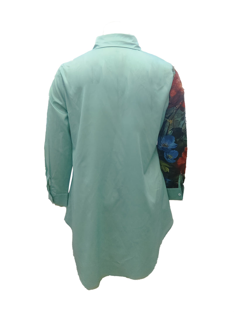 Plus Size - Elegant Floral Print Maxi Dress with Long Sleeves - Blue & White Floral Design, Button-Up Front, Casual Style for Women, All-Season Wear, Casual Summer Dress | Floral Print Dress | Nonstretch Fabric