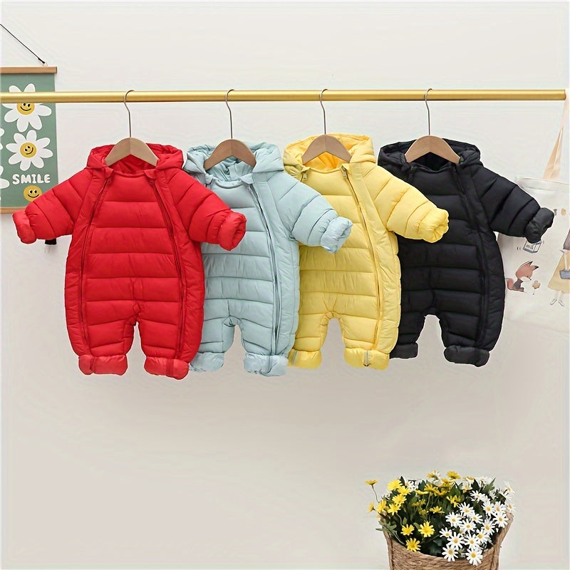 Infant's Winter Padded Onesie, Casual Hooded Coat With Pom-Pom, Zip-Front Warm Jumpsuit, Toddler & Infant's Outdoor Clothing