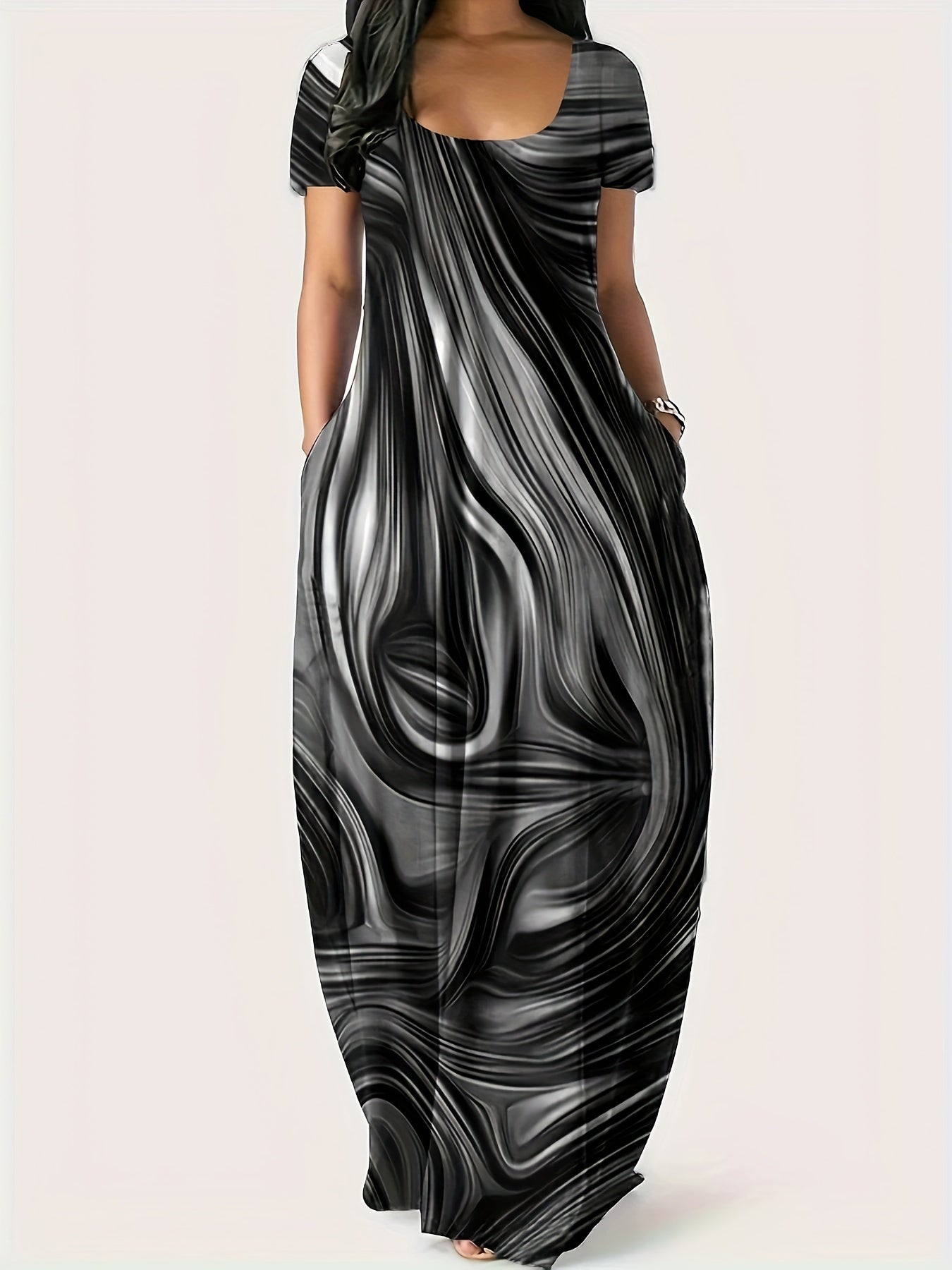 [1pc Plus Size Geometric Print Maxi Dress] 1pc Plus Size Geometric Print Maxi Dress, Stretchy Polyester Knit, Round Neck, Short Sleeve, Casual Loose Fit with Pockets, All-Season Versatile Style
